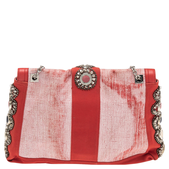 FENDI Red/White Canvas and Leather Maxi Baguette Embellished Shoulder Bag - Picture 4 of 9